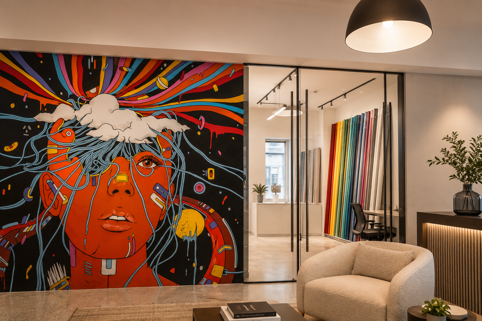 Espace de travail avec mural graphique